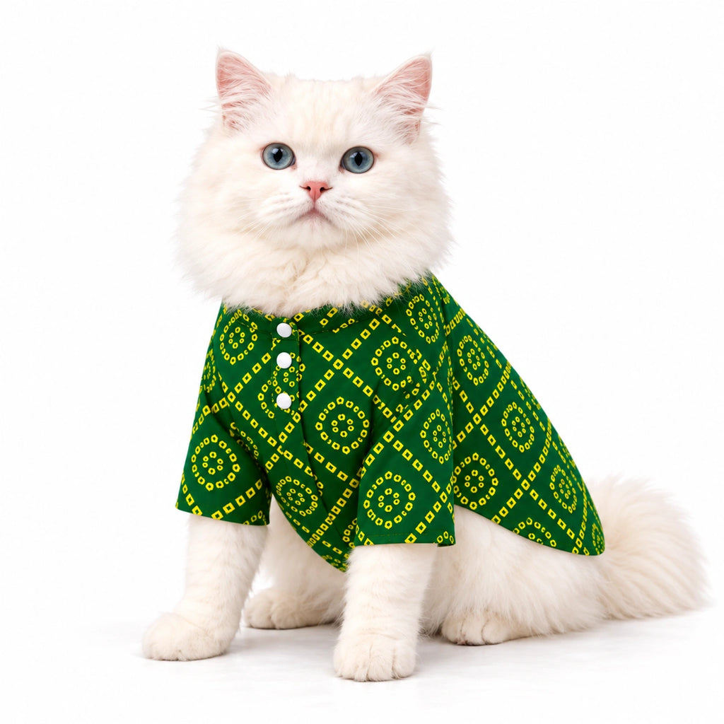 Thunder Tails Green Bandhani Cat Festive Kurta
