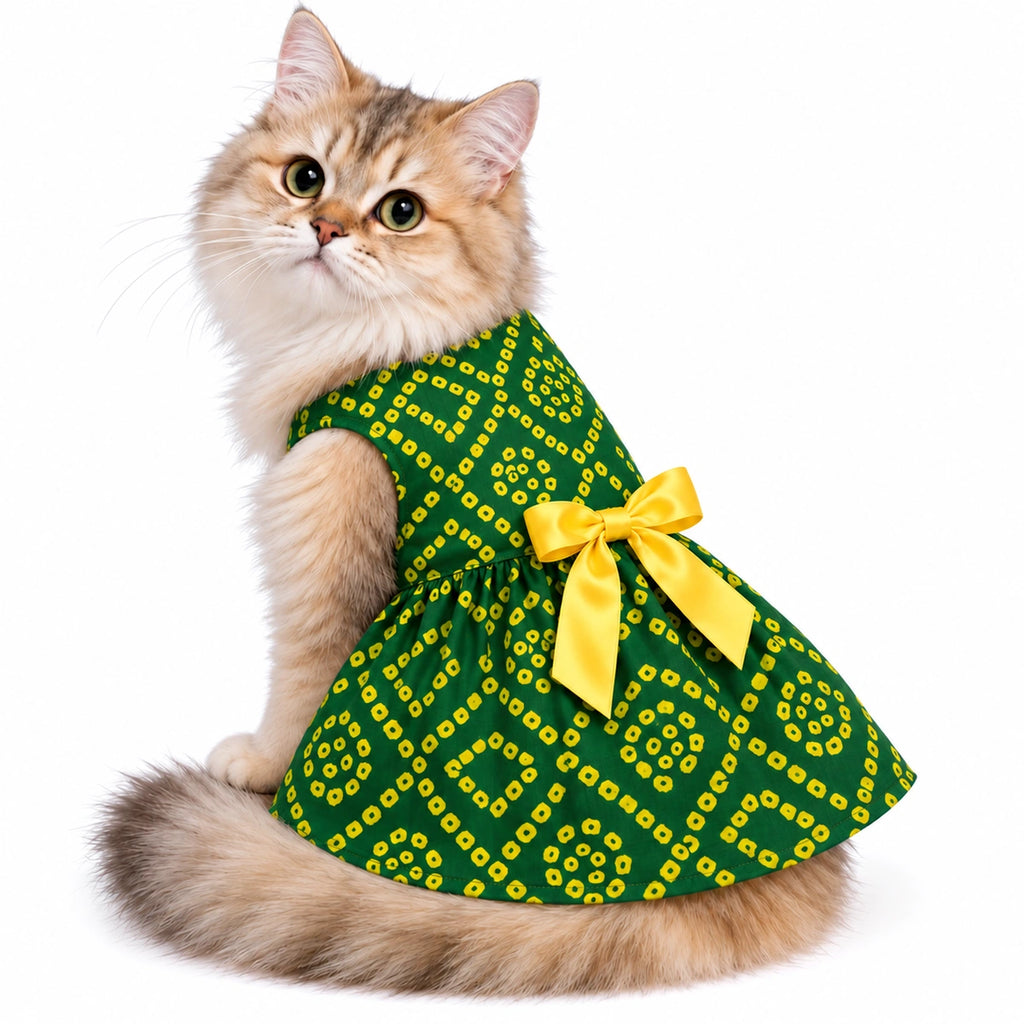 Thunder Tails Cat Frock - Green Bandhani