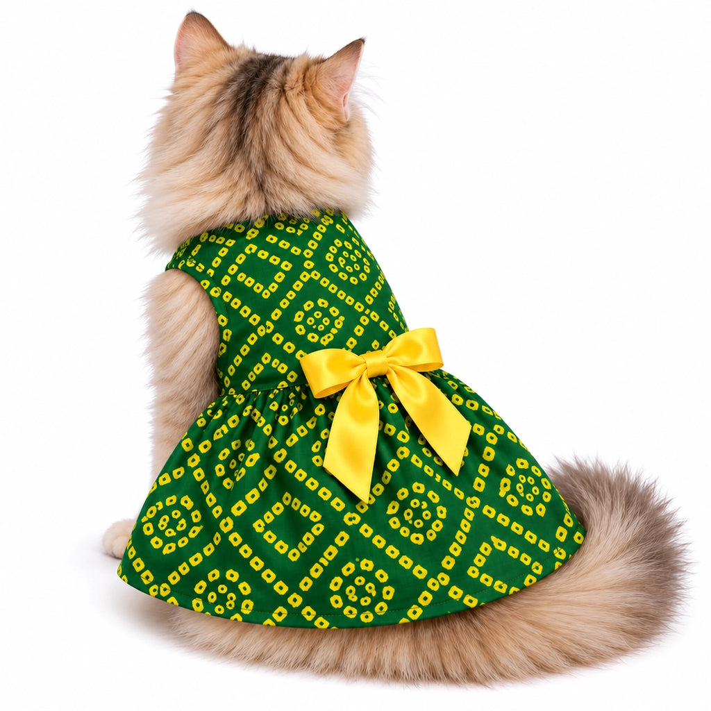 Thunder Tails Cat Frock - Green Bandhani