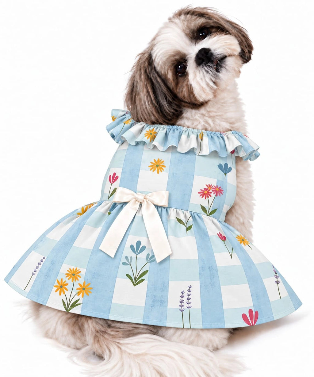 Thunder Tails Dog Frock - Blue White Check
