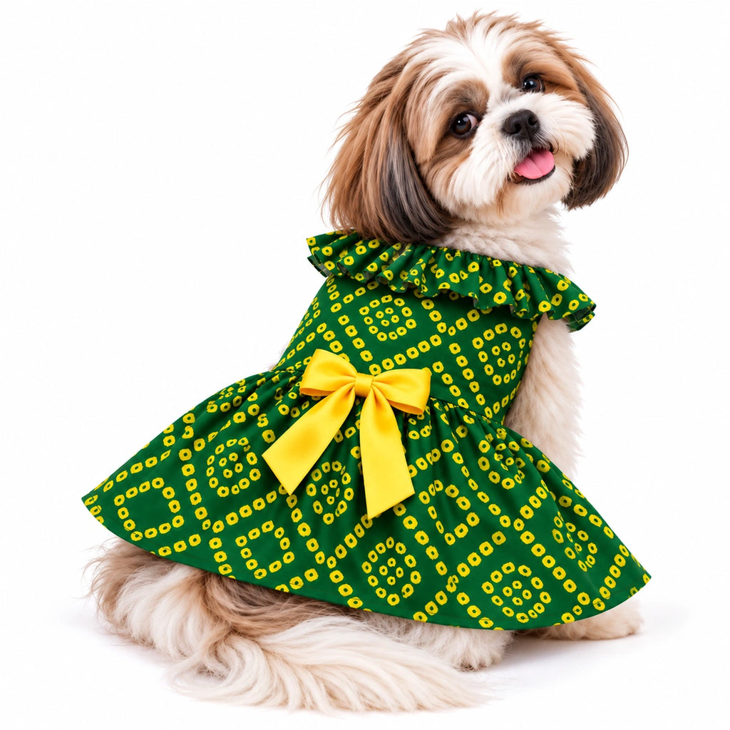 Thunder Tails Dog Frock - Green Bandhani