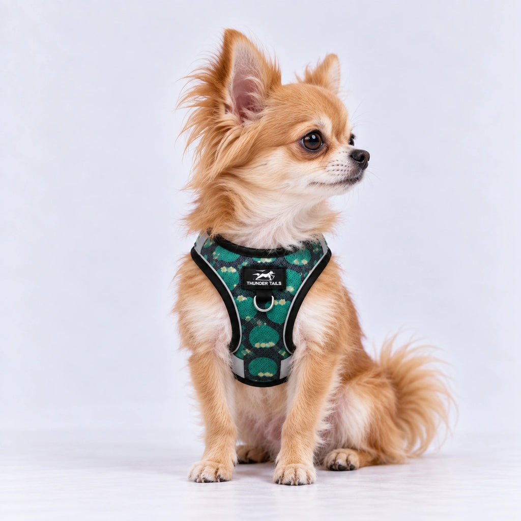 Thunder Tails Dog Step In Harness & Leash Set- Black Green
