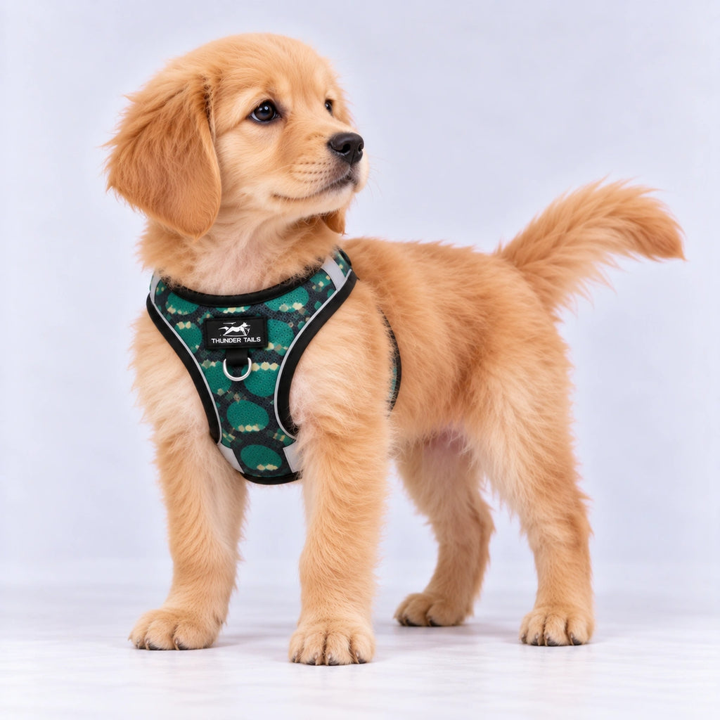 Thunder Tails Dog Step In Harness & Leash Set- Black Green