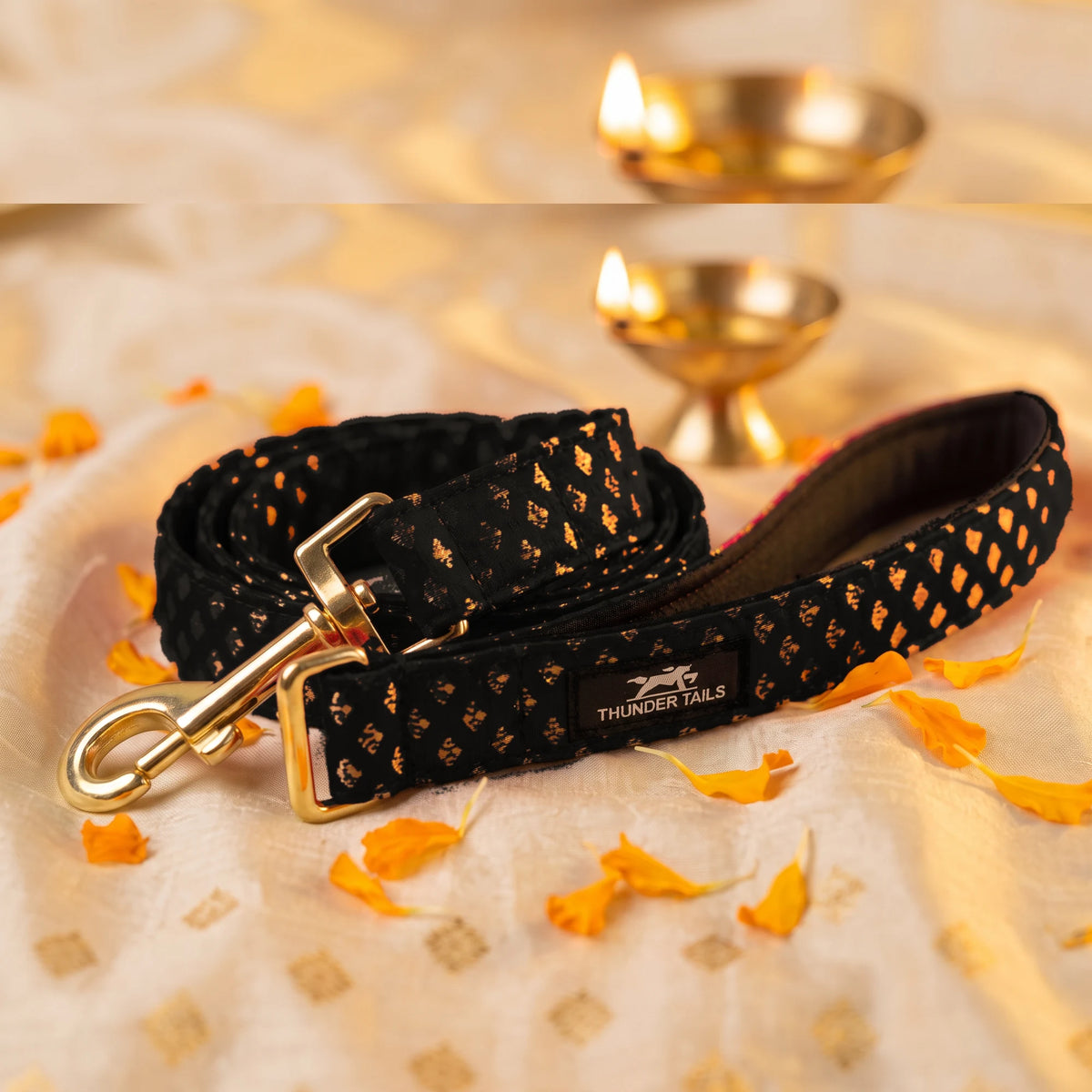 Thunder Tails Rangrez black brocade dog leash with gold hook and padded handle