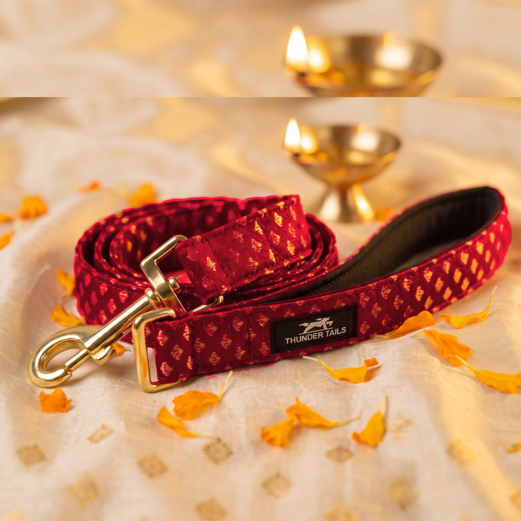 Thunder Tails Rangrez maroon brocade dog leash with gold hook and padded handle