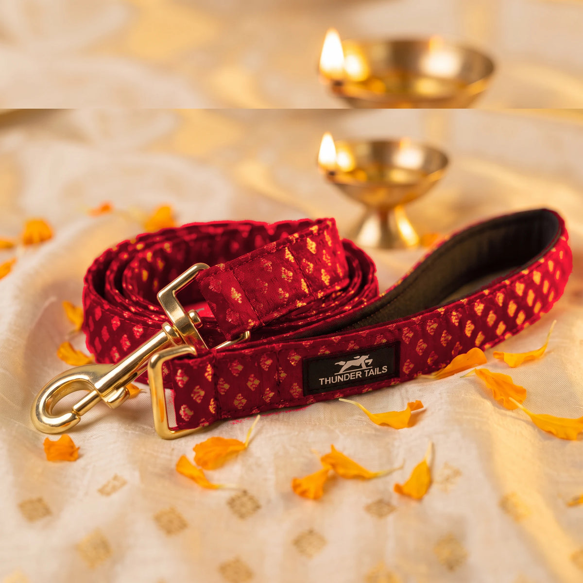 Thunder Tails Rangrez maroon brocade dog leash with gold hook and padded handle