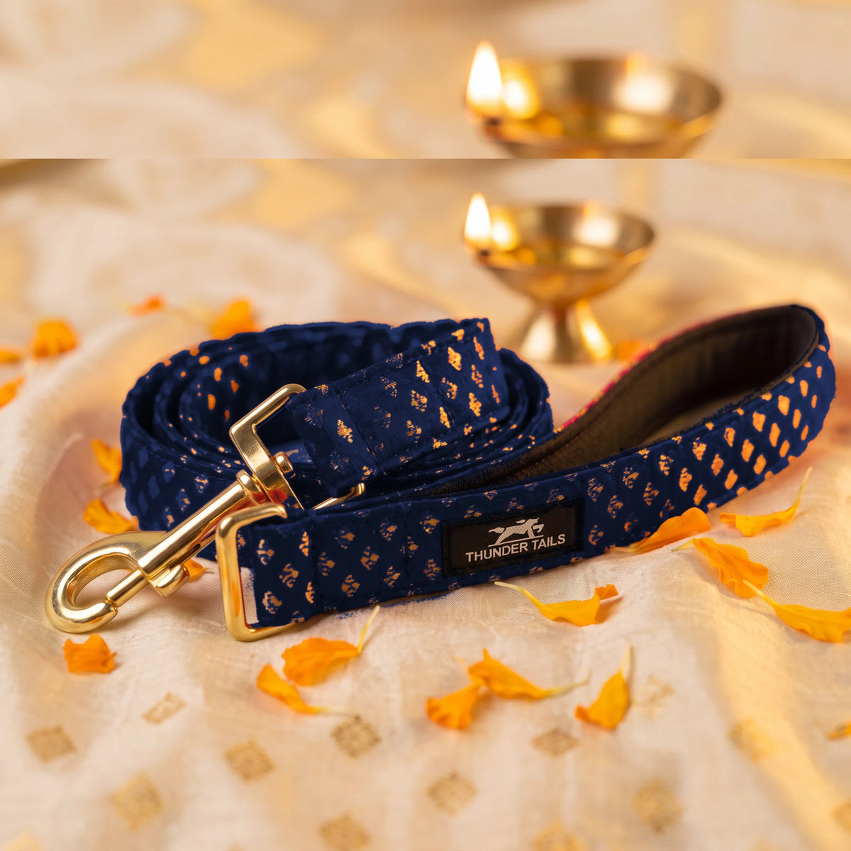 Thunder Tails Rangrez navy brocade dog leash with gold hook and padded handle