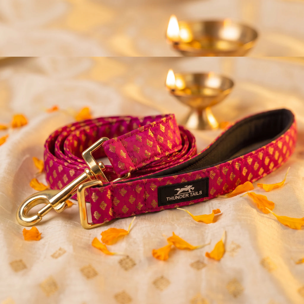 Thunder Tails Rangrez pink brocade dog leash with gold hook and padded handle
