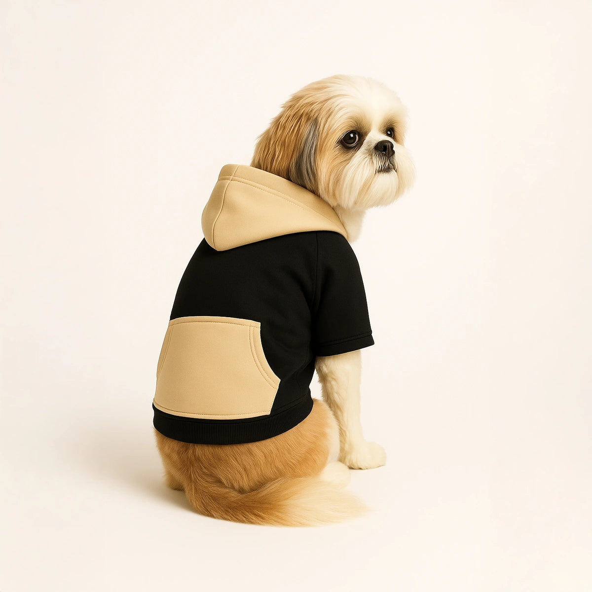 Thunder Tails Color Block Fleece Hoodies with Pocket - Black/Beige