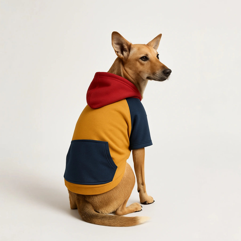 Thunder Tails Color Block Fleece Hoodies with Pocket - Mustard/Red/Navy