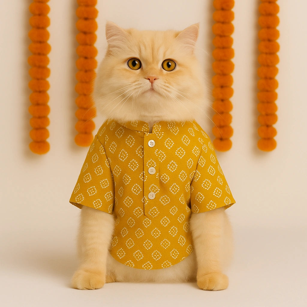 Thunder Tails Mustard Cat Festive Kurta