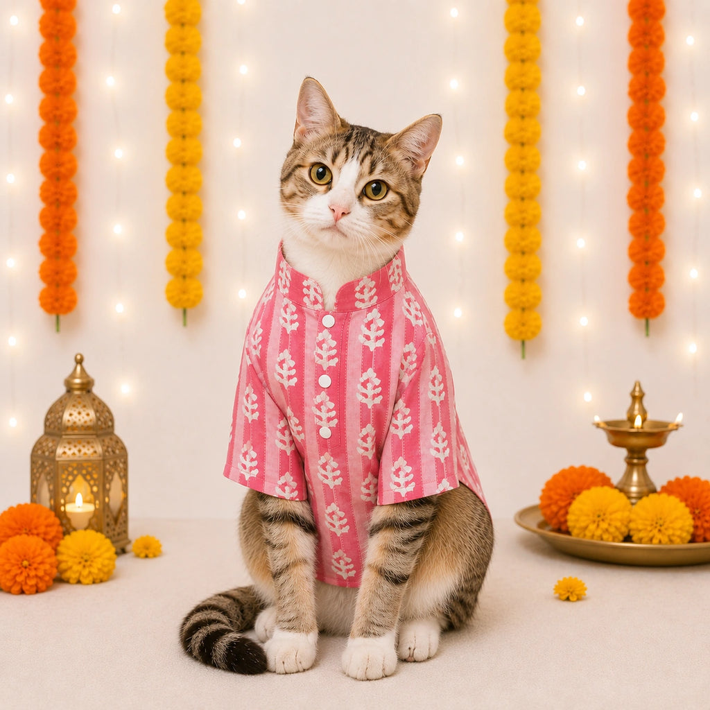 Thunder Tails Pink Stripes Cat Festive Kurta