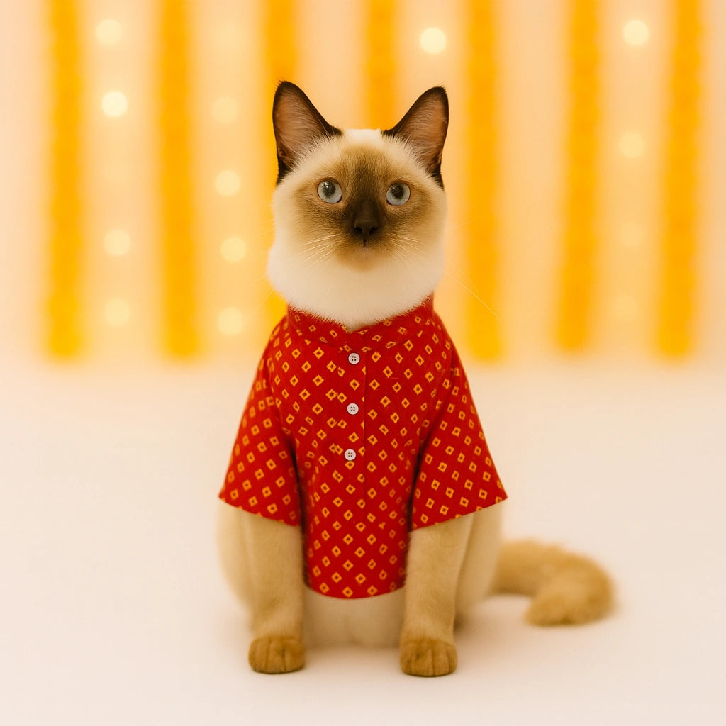Thunder Tails Red Bandhani Cat Festive Kurta