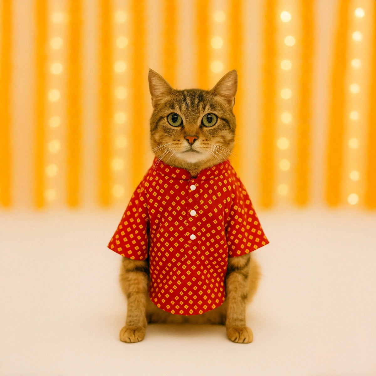 Thunder Tails Red Bandhani Cat Festive Kurta