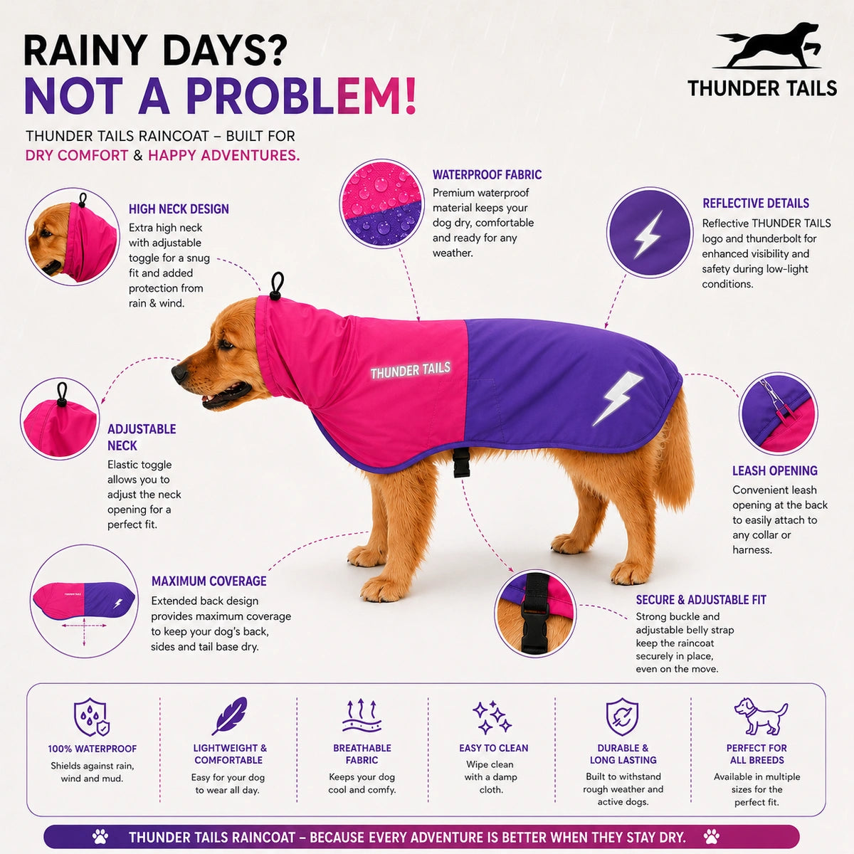Thunder Tails Splash Dash Dog Raincoat - Beige/Tan